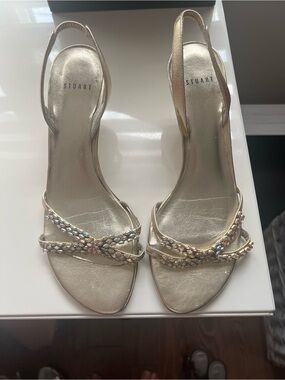 Stuart Weitzman Champagne Slingback Heels with Crystal Straps